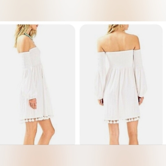 Lilly Pulitzer Trina Beach Mini Dress Smocked White Off Shoulder Size Small - Picture 2 of 4